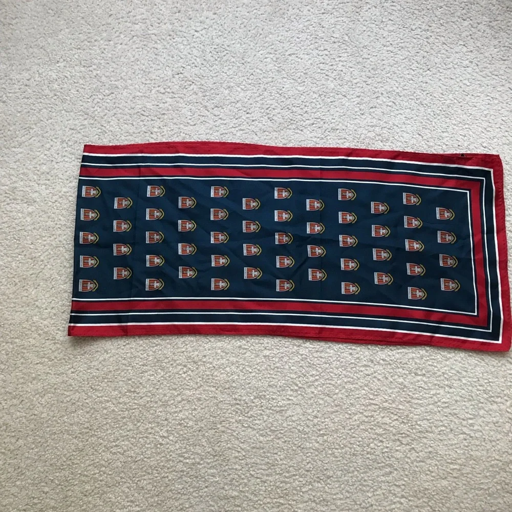 NWOT 100% Silk Navy Crest Print Rectangular Scarf with Red Border